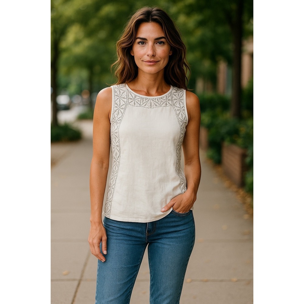 Tory Burch Sleeveless Top Size 6 White Linen‎ Embellished Beaded Blouse